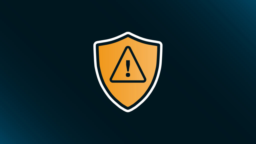 Graphic with dark blue background featuring an orange shield icon with an exclamation mark inside a triangle, representing security concerns