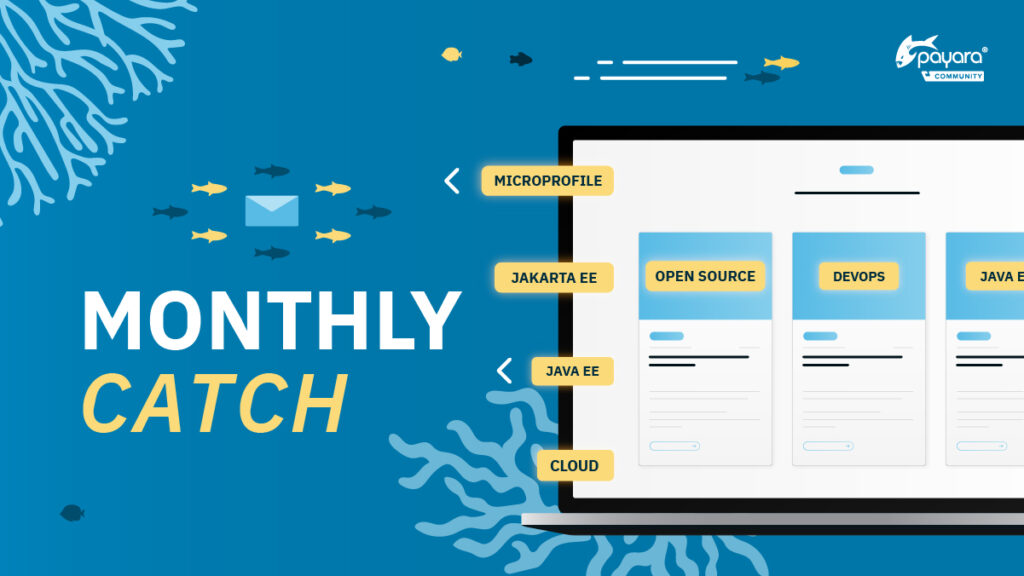 Blue background with coral and fish. Left text: 'MONTHLY CATCH'. Right: laptop screen with tech tabs and Payara Community logo.