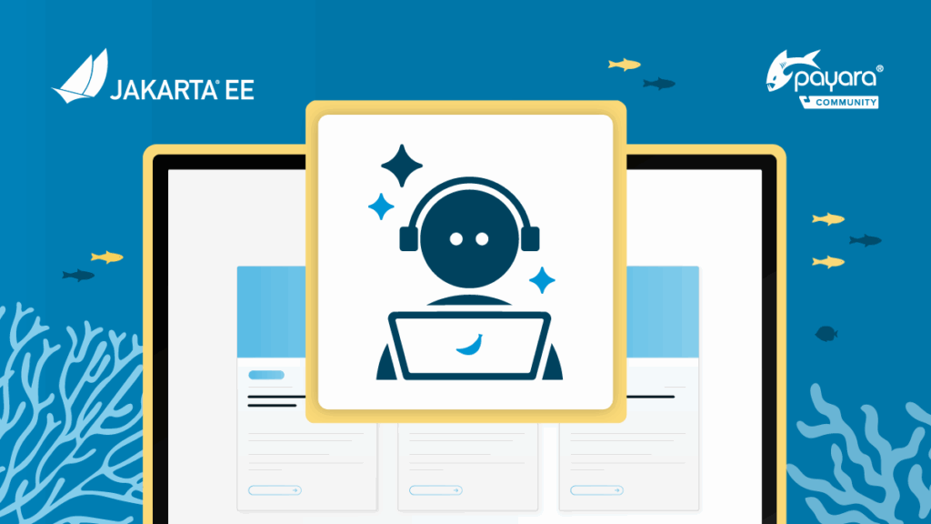 Graphic promoting the Jakarta EE Agentic AI Project by Payara Community. The design shows a laptop screen with a central icon of a person wearing headphones and using a laptop, surrounded by sparkles. The background features blue ocean-themed elements with coral and small fish. Logos for Jakarta EE and Payara Community appear at the top.