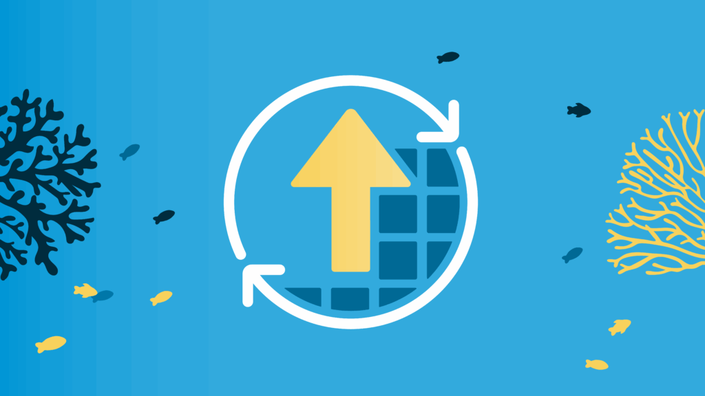 Illustration of a large upward arrow inside a circular update icon, placed over a stylised grid that suggests technology or a digital platform. The background is blue with coral shapes and small fish swimming around, giving it an ocean theme.