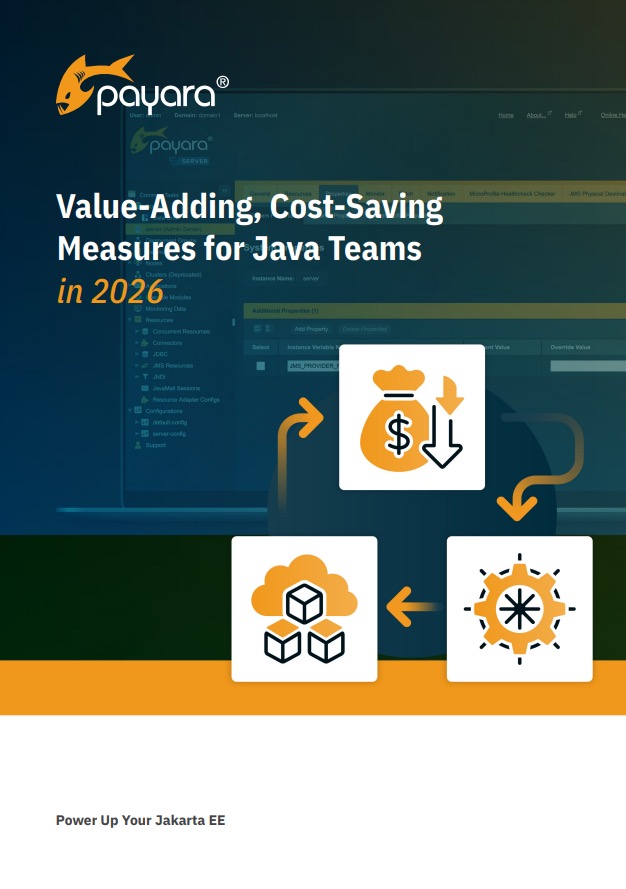 Payara cover graphic titled ‘Value-Adding, Cost-Saving Measures for Java Teams in 2026’ featuring icons representing cost reduction, cloud deployment and optimization, with a Payara Server interface in the background.