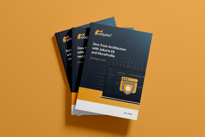Stacked copies of the Payara developer guide “Zero Trust Architecture with Jakarta EE and MicroProfile” on an orange background, showing the dark blue cover design with the Payara logo and a laptop illustration featuring a shield and padlock icon.